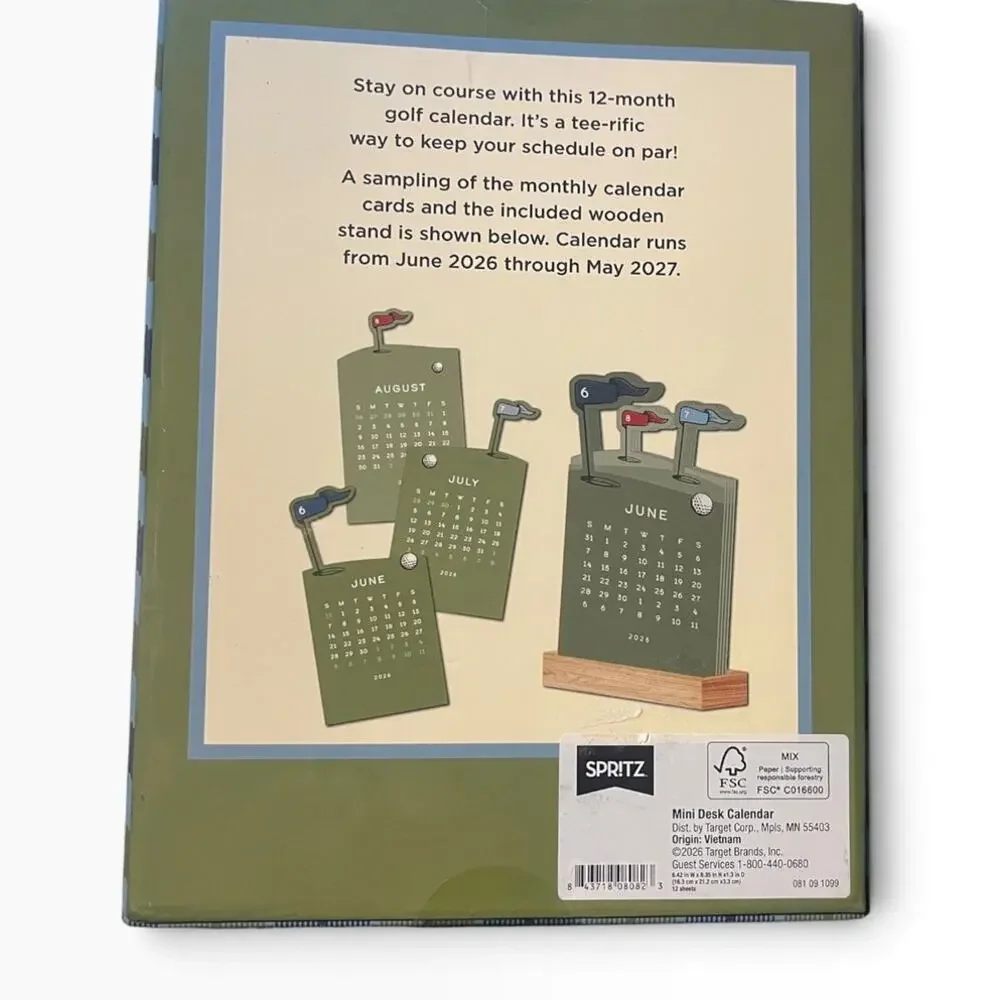12 Month Golf Desktop Calendar with Wood Stand June 2026 to May 2027 NIB